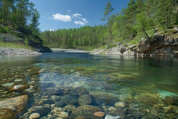 Wall Mural - Geography, potamology. Middle Siberia (south part). Panorama of crystal clear water copious river and taiga forests, Typical coniform hill oreography. Absence of people - generative ai