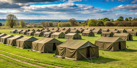 a temporary military camp of soldiers in a rural field setting , soldiers, army, field, temporary, c