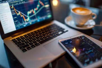 Wall Mural - Tablet on a laptop keyboard with both screens showing graphs