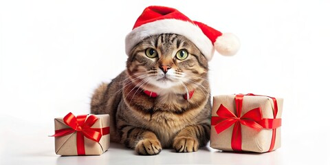 Christmas Santa cat with a red hat and presents in its paws, Cute, festive, holiday, cat, pet, feline, Santa, Christmas, gifts