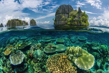 Wall Mural - Healthy fringing coral reefs grow around the dramatic limestone islands that rise from Raja Ampat's seascape. This remote part of Indonesia is known for its incredibly high marine - generative ai