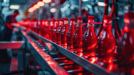 Poster - Red bottles moving along a conveyor belt in a factory