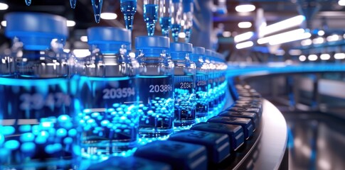 Poster - A Line of Glass Vials Filled with Blue Liquid on a Conveyor Belt in a Modern Factory