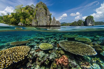 Wall Mural - Healthy fringing coral reefs grow around the dramatic limestone islands that rise from Raja Ampat's seascape. This remote part of Indonesia is known for its incredibly high marine - generative ai