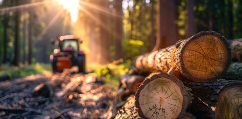 Poster - A pile of logs in a forest with a blurry tractor in the background