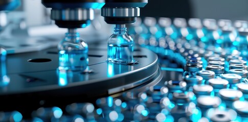 Poster - A closeup view of a pharmaceutical production line showcasing a robotic arm filling glass vials with a blue liquid