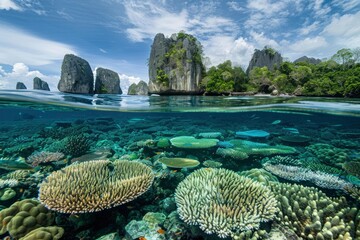 Wall Mural - Healthy fringing coral reefs grow around the dramatic limestone islands that rise from Raja Ampat's seascape. This remote part of Indonesia is known for its incredibly high marine - generative ai