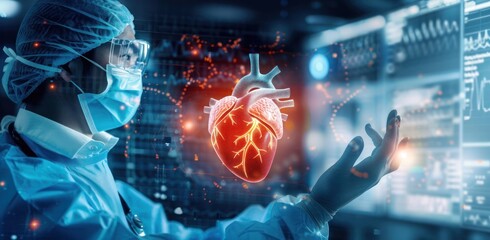 Poster - A surgeon in a sterile environment interacts with a digital 3d model of a human heart
