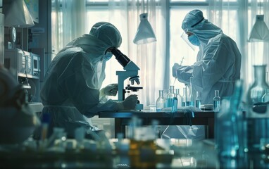 Poster - A scientist in a protective suit examines a sample under a microscope in a laboratory setting