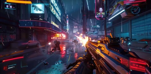 a futuristic cityscape under rain with a person holding a weapon in first person view