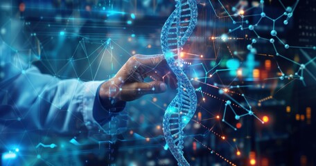 Poster - A digital representation of a DNA helix being interacted with by a hand suggesting scientific exploration