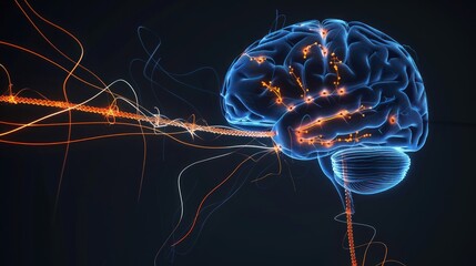 Poster - A 3d illustration of a glowing blue brain with orange electrical impulses
