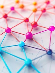 Poster - Futuristic Global Network, vibrant neon dots interconnected, set against a clean white background, ample space for text, showcasing depth and complexity in design.