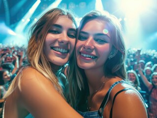 Two young women stand together amidst a crowd, smiling and confident