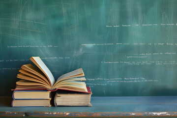 Open book on top of two closed books in front of a green chalkboard, representing education and learning concepts.