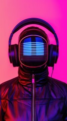 Poster - Vibrant Abstract Headphones with Radiating Sound Waves, Symbolizing Online Audio Impact, Dynamic Front View with Ample Copy Space, Rich Depth of Field