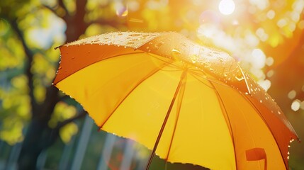 Poster - A close-up of a yellow umbrella with water droplets glistening on its surface