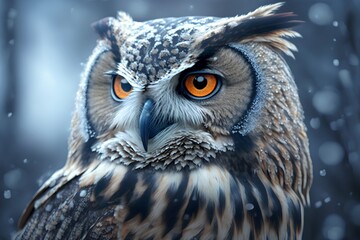 Portrait of a beautiful owl in winter forest. Close-up.