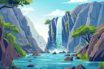 Poster - A serene waterfall surrounded by lush greenery and trees in a dense forest