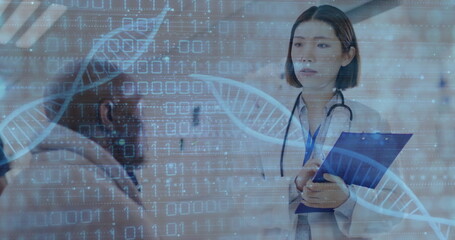Poster - Image of dna strands and data processing over diverse doctor and patient in hospital