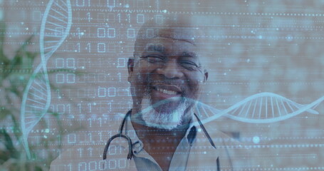 Poster - Image of data processing and dna strands over african american male doctor working in hospital