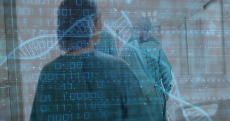 Poster - Image of dna strands and data processing over diverse surgeons in hospital