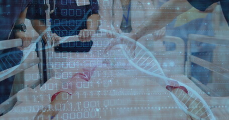 Poster - Image of dna strands and data processing over diverse doctors and patient in hospital
