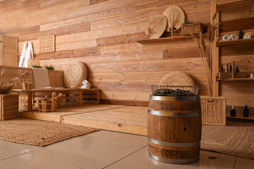 Sticker - Barrel with rocks in sauna interior