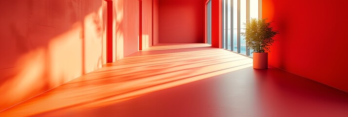 Canvas Print - a long hallway with a plant in a vase on the floor and a red wall behind it with a window..