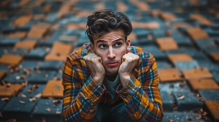 Wall Mural - a man with his hands on his face sitting in front of a pile of orange and blue tiles