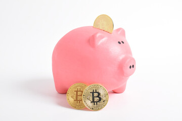 Bitcoin with pink piggy bank isolated on white background. bit coin BTC the new virtual electronic money, investment concept. Clipping path