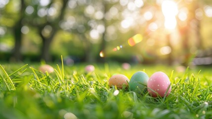 Wall Mural - Easter celebration on grass with blurred park background