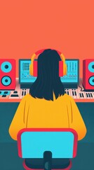 Poster - Streaming Series Sound Engineering, flat design illustration featuring a person from the front, ample text space, vibrant colors, depth enhancing layout, engaging visual narrative.