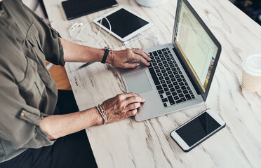 Canvas Print - Laptop screen, hands and business person at desk for typing proposal, report or review project in office. Top view, online and employee with computer for update schedule, information or admin work