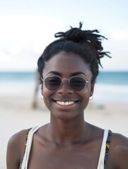 A woman wearing sunglasses stands on the beach, possibly enjoying a day at the shore