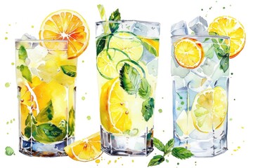 Poster - A watercolor illustration of three glasses filled with refreshing lemonade, perfect for summer scenes or food and drink related concepts