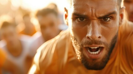 A man captured close-up in an intense moment with fierce determination on his face, indicating high-energy action and power, in a high-stakes situation.