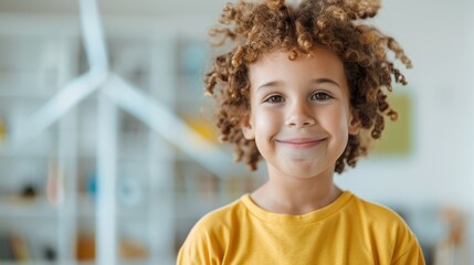 A young boy with curly hair stands smiling indoors, wearing a yellow shirt in front of a wind turbine model, reflecting curiosity and the excitement of learning about renewable energy.