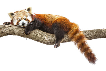 Wall Mural - Red Panda Climbing: A red panda climbing a tree branch against a white background.