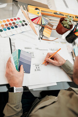 Fototapete - Architecture, hands and drawing on blueprint in office for creativity, project and planning with samples. Architect, business man and layout with inspiration for floor plan, building sketch and above
