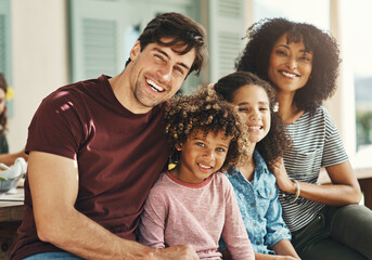 Wall Mural - Terrace, smile and portrait of parents with children for lunch, celebration and interracial family at home. Mom, dad and kids on patio together for weekend brunch with love, support or happy bonding