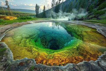 Wall Mural - Morning Glory Pool, landscapes, wild nature, geysers and hydrothermal features of Yellowstone National Park, Wyoming, USA - generative ai