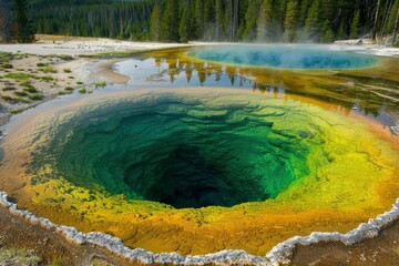 Wall Mural - Morning Glory Pool, landscapes, wild nature, geysers and hydrothermal features of Yellowstone National Park, Wyoming, USA - generative ai