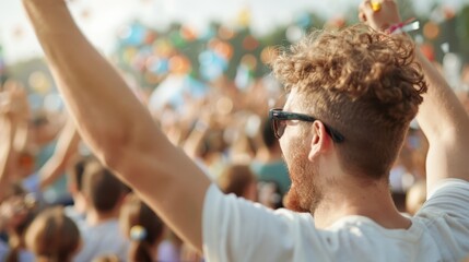 A young man with curly hair wearing sunglasses raises his arms in celebration at a vibrant outdoor event, surrounded by a joyous crowd and colorful decorations.