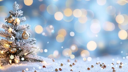 Wall Mural - A Christmas tree with lights and ornaments is on a snowy ground