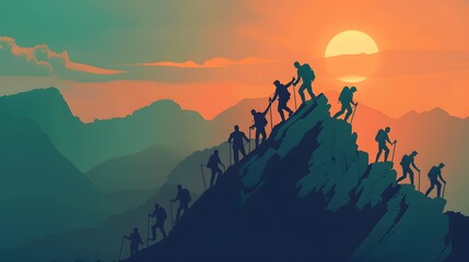 Business team success concept.silhouette of business man on peak mountain climbing helping on sunset background teamwork. 