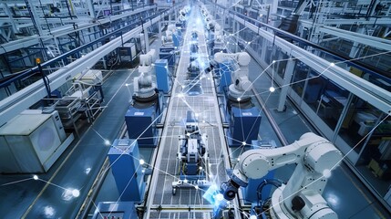 Poster - automated smart factory with connected robotic machinery and workflow processes