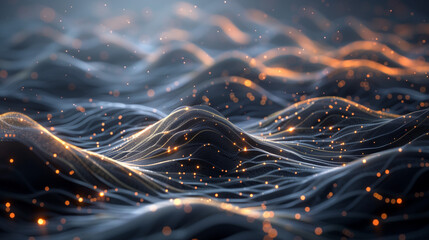 Sticker - Illustration of a wavy space surface with a geometric texture and glowing particle flow