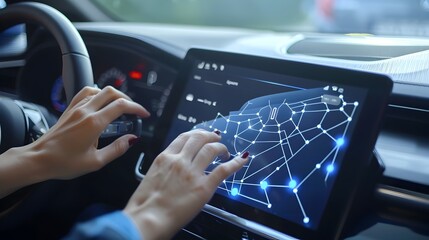 Poster - Connected Car Dashboard with Touchscreen and Mesh Network Icons