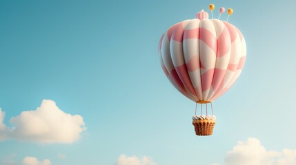 A whimsical hot air balloon with pink and white stripes flying high against a clear blue sky with scattered fluffy clouds, creating a serene and dreamy scene.